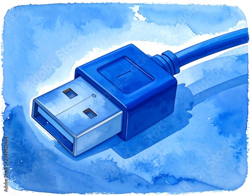 A blue USB connector with a cord against a blue watercolor background