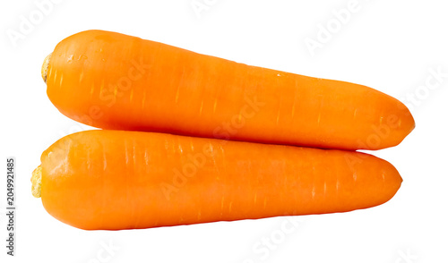 Side view of fresh orange carrot roots in stack isolated with clipping path in png file format