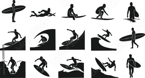 Photography Silhouettes of surfers with boards paddling, riding waves, and performing tricks
