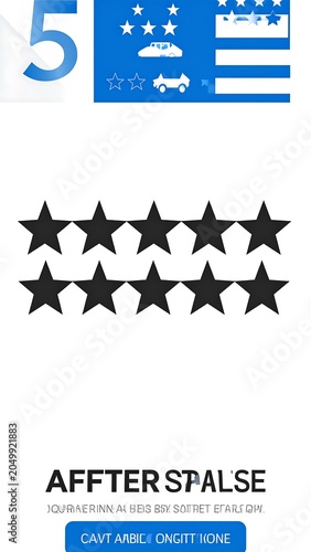 A blue and white graphic with stars and text