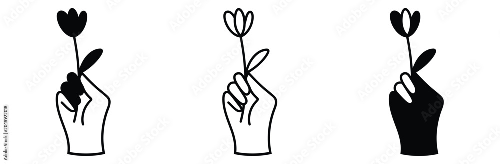 Ταπετσαρία Hand Holding Tulip Flower Silhouette Icon Set for Spring and Floral Designs on W