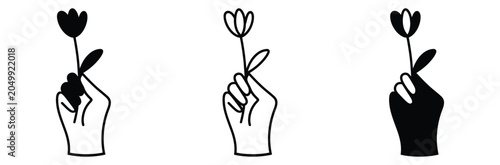 Obraz na plátne Hand Holding Tulip Flower Silhouette Icon Set for Spring and Floral Designs on W