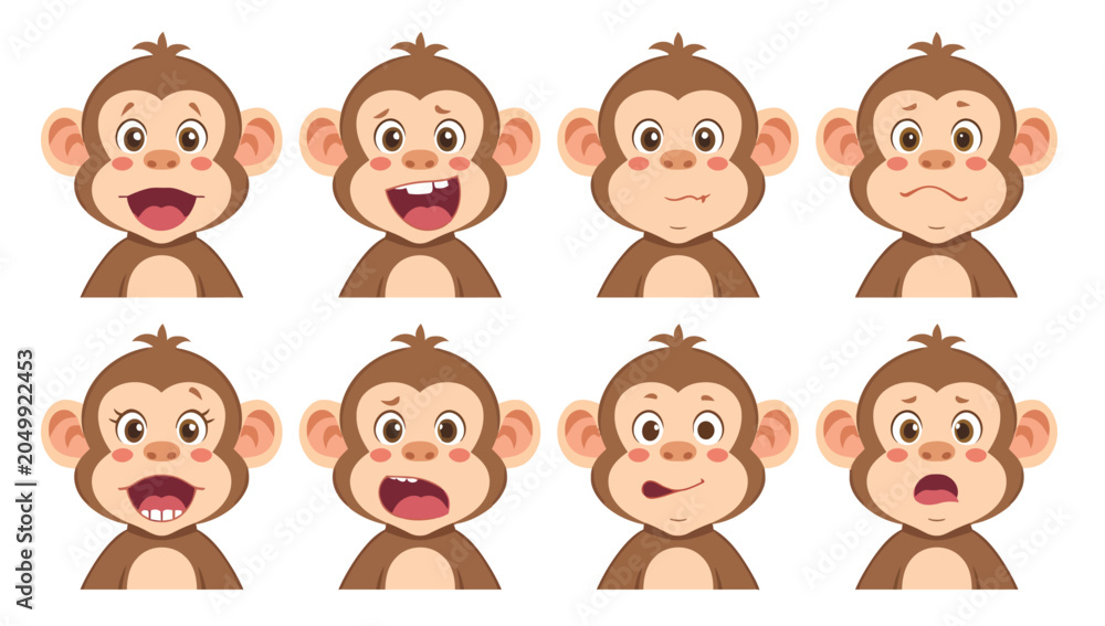 Naklejka premium Cartoon monkey faces with expressions.