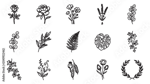 Minimalist hand drawn botanical line art icons, set of 15 floral vector illustrations, black ink wildflower and leaf sketches for wedding branding