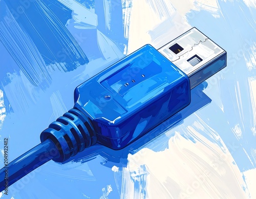 A blue USB connector with a silver metal tip and a cord extending from it, set against a vibrant abstract background of blue, white, and light blue brushstrokes