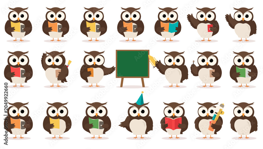 Obraz premium Owl Characters in Various Colorful Outfits.