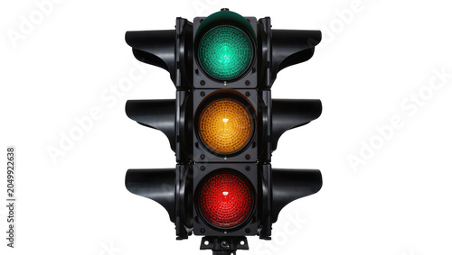 Canvastavla Vertical traffic light with green yellow and red signals illuminated, isolated o