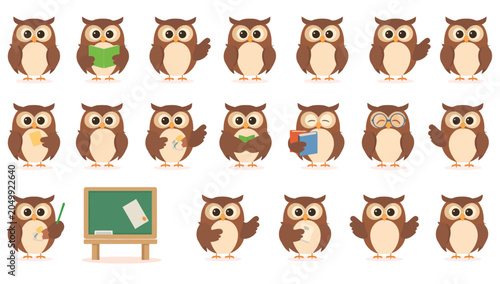 Photos Brown owls standing in rows together.
