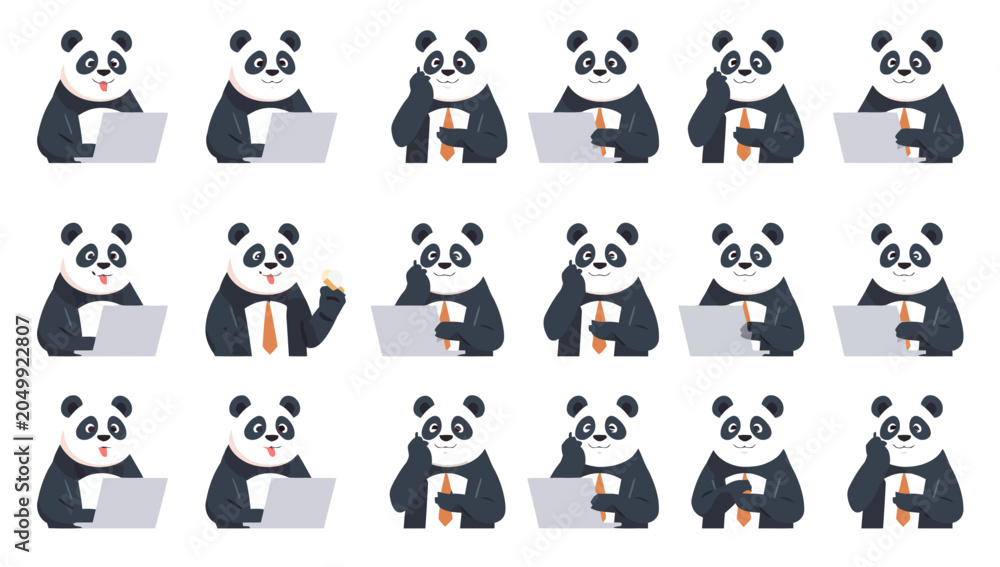 Obraz premium Pandas sitting at computers working.