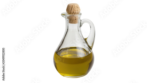 Φωτογραφία Clear glass cruet filled with golden olive oil cork stopper, isolated on transpa