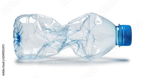 Crushed Empty Plastic Water Bottle Isolated on White Background, Concept of Recycling and Plastic Pollution