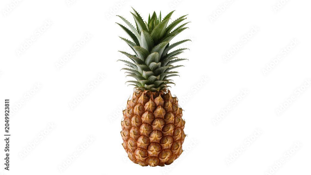 Fototapeta premium Whole ripe pineapple with green spiky leaves, isolated on transparent background