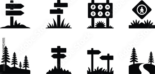 Foto Trail Signpost and Hiking Direction Silhouette Collection with Outdoor Navigatio