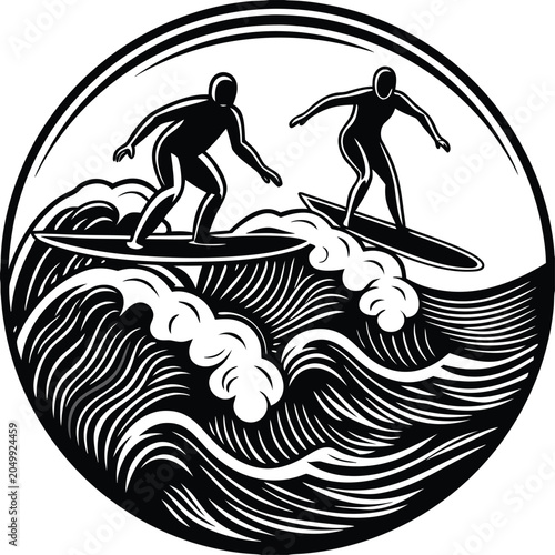 Surfing vector illustration, black and white surfers on wave, circular design, monochromatic sports icon