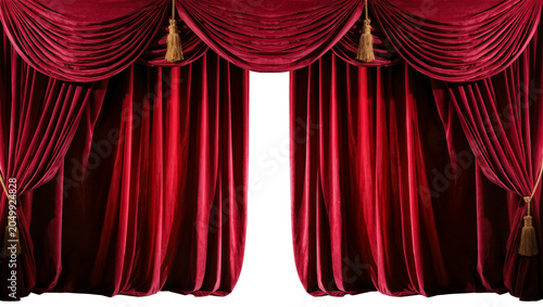 Konstfotografi Luxurious red velvet theater curtains with golden tassels, isolated on transpare