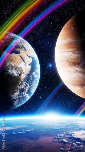 Giant planets with rainbow ring across the starfield.
