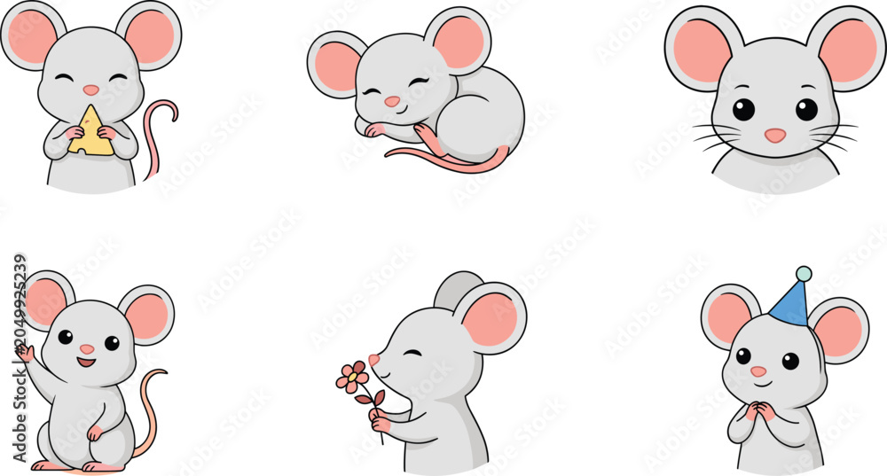 Naklejka premium Cute Cartoon Mouse Vector Character Set Eating Cheese Sleeping Smelling Flower Waving Hand and Wearing Birthday Party Hat (18 words)