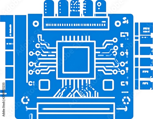 A blue and white illustration of a computer motherboard with various components