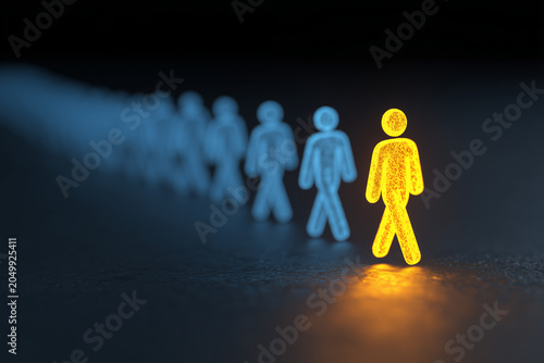Glowing gold figure leading row of blue figures from the front, leadership and vision concept.
