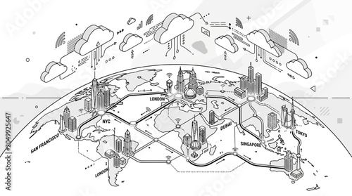 Fotografija Global Network Map: Cities Connected by Lines, Clouds, and Data Flow