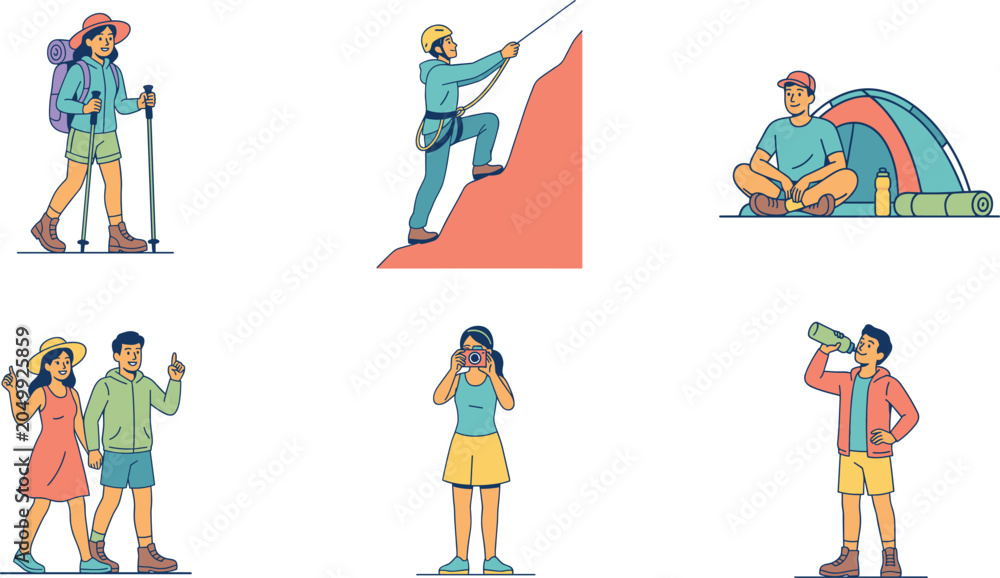 Fototapeta premium Vector Illustration Character Set of People Hiking, Rock Climbing with Ropes, Camping in Tents, Taking Photos, and Drinking Water Outdoors (21 words)