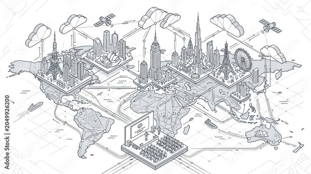 Obraz premium Global Network of Cities and Technology, Isometric World Map Illustration