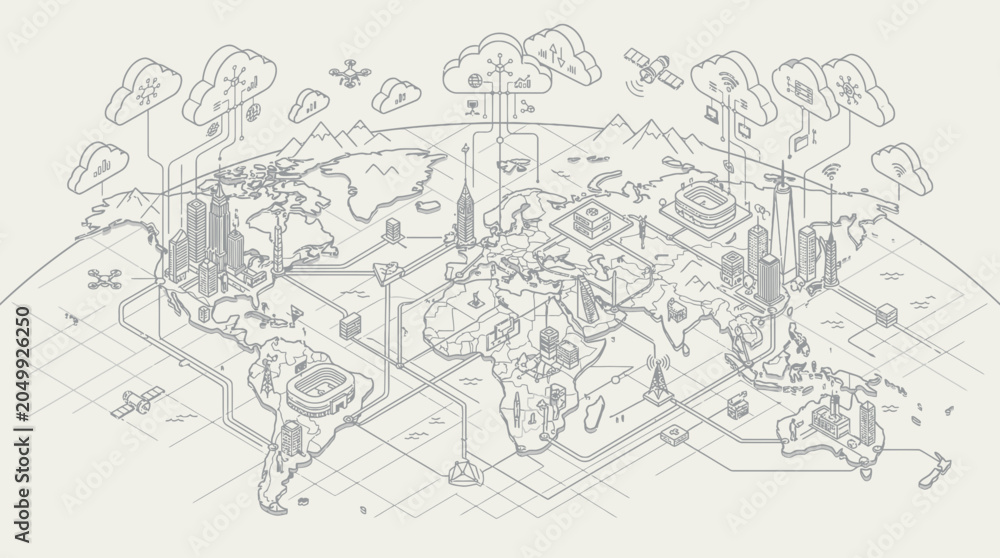 Fototapeta premium Global Networked World: Smart Cities, Cloud Computing, Drones, and Satellites Connected
