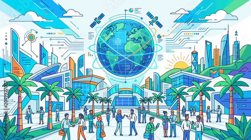 Futuristic Cityscape with Global Network and Diverse People, Smart City Concept