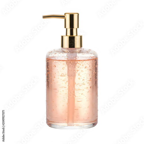 Clear glass bottle with gold pump dispenser filled with rose gold liquid soap or cosmetic gel for hand washing or luxury skincare routine in a bathroom or spa setting for daily hygiene and beauty care