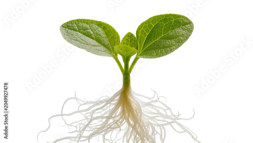 Billede på lærred Green seedling with developed root system, isolated on transparent background
