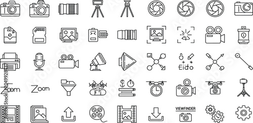 Tableau sur toile Photography and Videography Outline Icon Set with Camera Lens Tripod Film Drone
