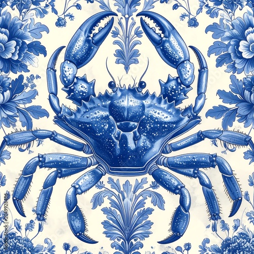 A blue and white illustration of a crab surrounded by floral patterns