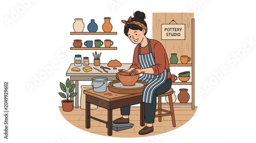 Illustration of a woman with a headband on a pottery wheel crafting ceramics in her studio