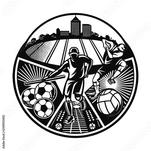 Sports Icons, Athletic Symbols, Vector Graphics, Black and White Illustration