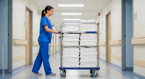 Nurse pushing trolley of folded linen in hospital corridor