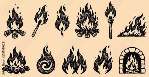 Bild auf Leinwand Hand drawn vintage fire flame icons collection featuring campfires burning match