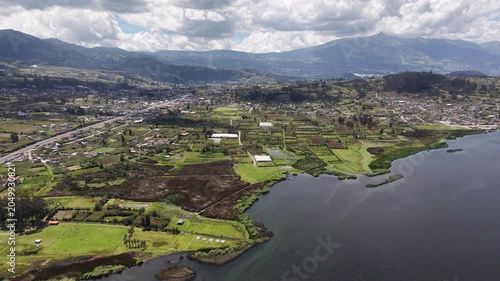 Aerial View of San Pablo Lake and Otavalo Mountains Ecuador