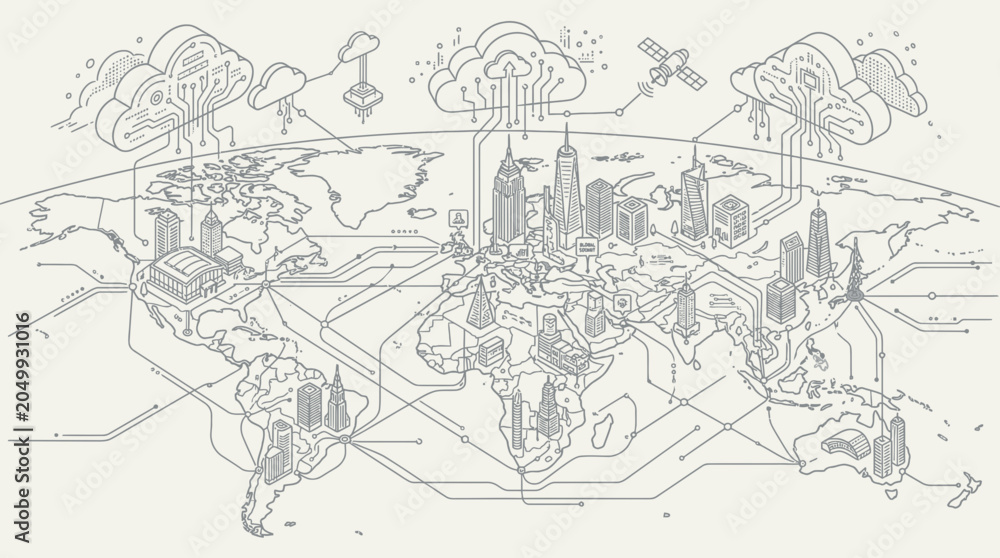 Obraz premium Global Network Connection: Digital Cloud Computing & Smart Cities World Map Illustration