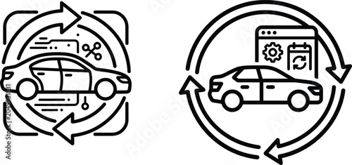 Automotive subscription service icons, car rental cycle vector set, vehicle sharing and recurring maintenance line art illustrations