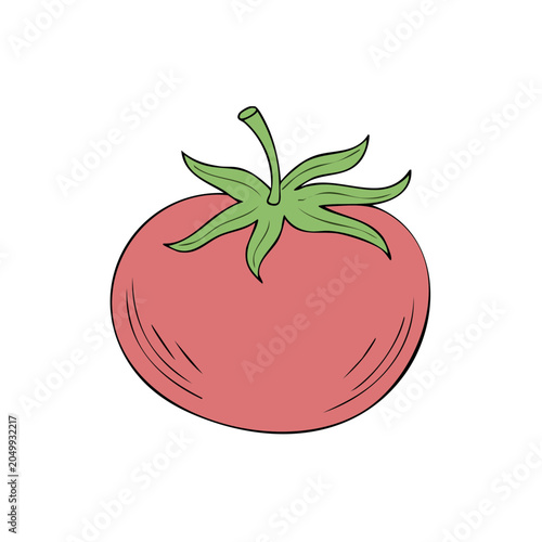 Simple red tomato illustration with green leaves and stem