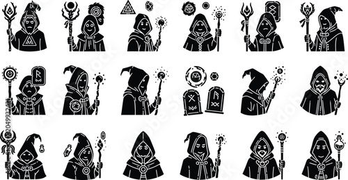 Fantasy wizard and necromancer glyph icons, 18 magic sorcerer character avatars, black silhouette occult mage vector set for gaming