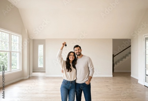 Happy couple holding keys moving into new home