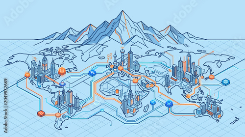 Valokuva Global City Network Map: Futuristic World Connection and Technology