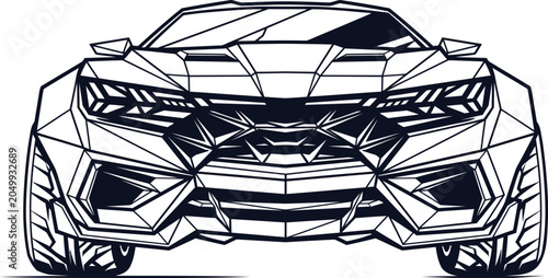 Geometric sports car vector illustration, low poly supercar front view line art, modern automotive wireframe design for racing decals and posters