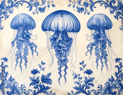 A blue and white illustration of three jellyfish surrounded by floral patterns on a beige background