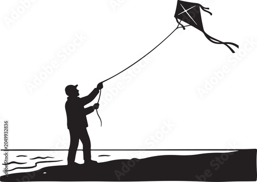 Black silhouette of man flying kite on beach, vector illustration, kite flying, beach scene, outdoor activity