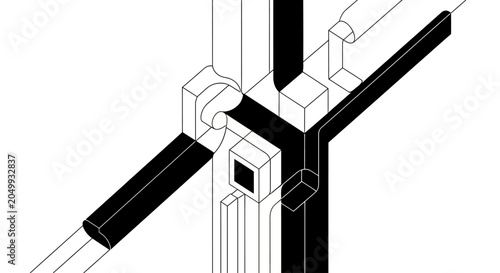 Abstract isometric design with black and white geometric shapes.