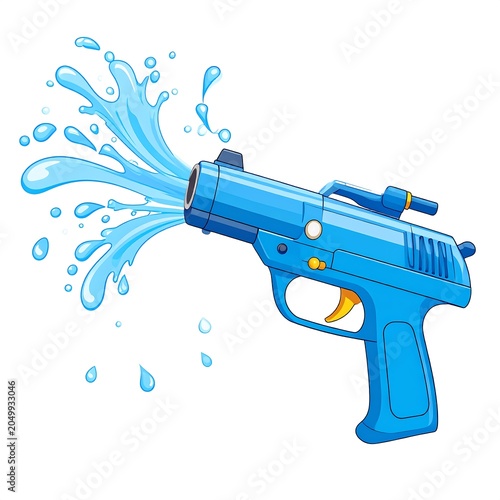 A blue water gun shoots water droplets
