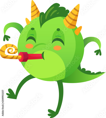 фотографія Cute cartoon monster happily blowing a party noisemaker at a festive celebration