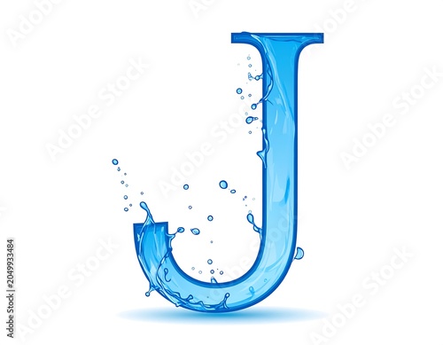A blue water letter J with droplets on a white background